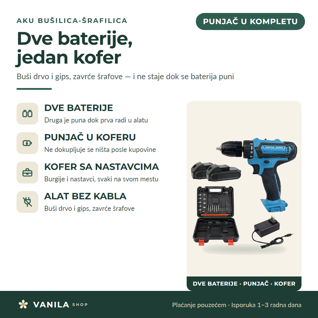Infografika: aku bušilica-šrafilica, dve baterije, punjač i kofer sa nastavcima