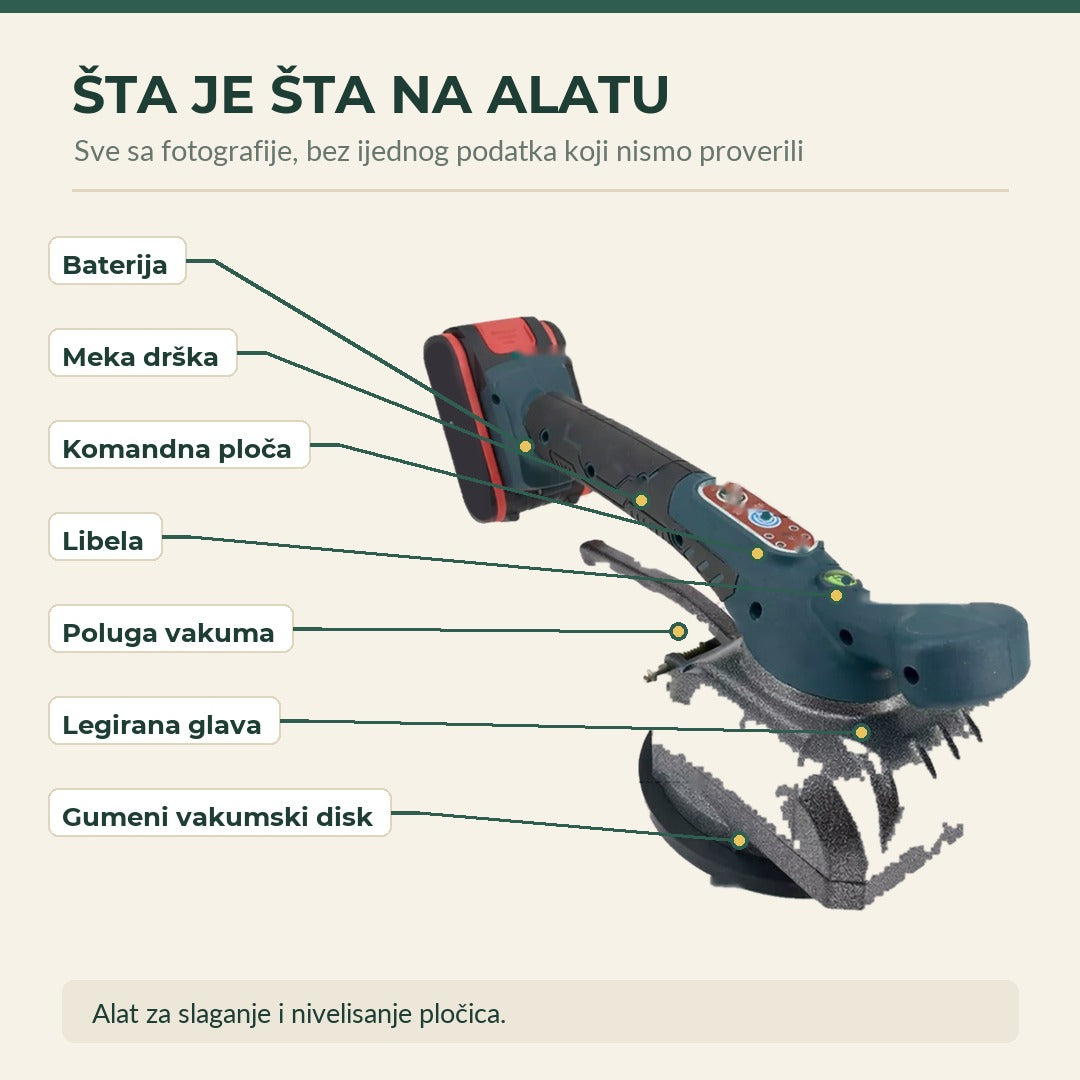 Oznake delova na alatu: baterija, meka drška, komandna ploča, libela, poluga vakuma, legirana glava i gumeni vakumski disk