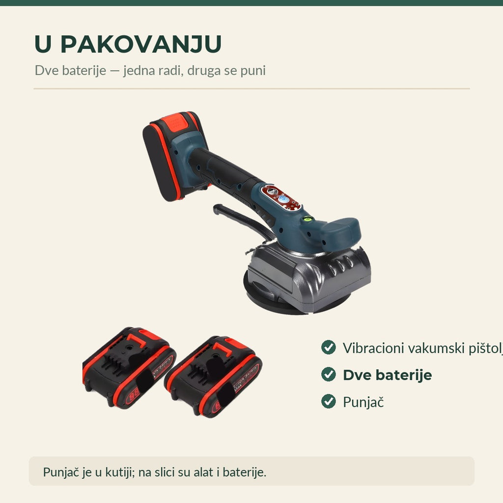 U pakovanju: vibracioni vakumski pištolj i dve baterije