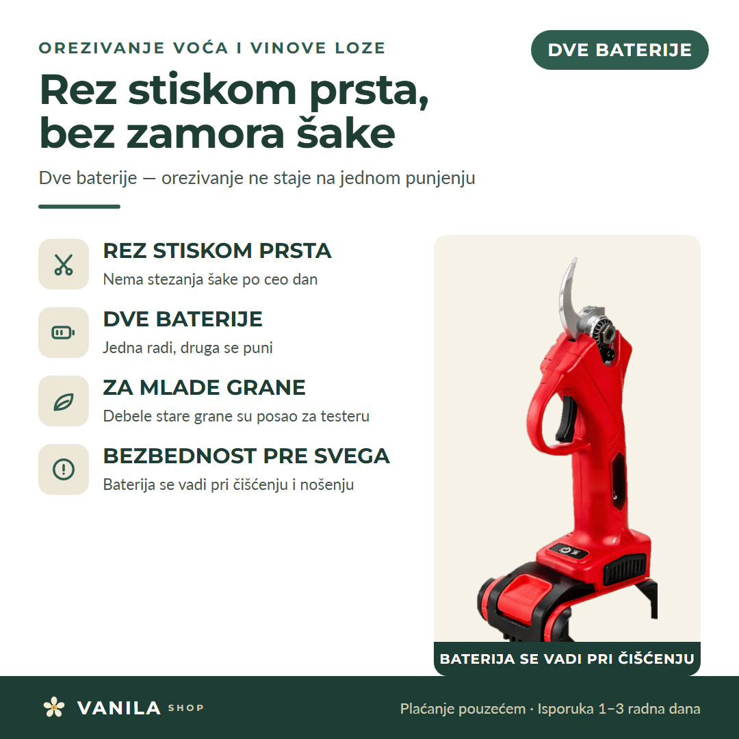 Električne makaze za orezivanje voća sa dve baterije