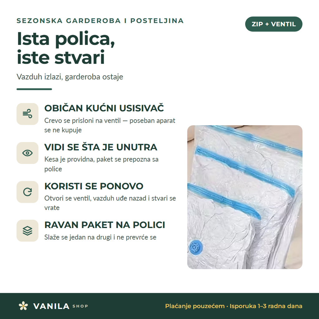 Vakum kese za garderobu — običan usisivač izvlači vazduh
