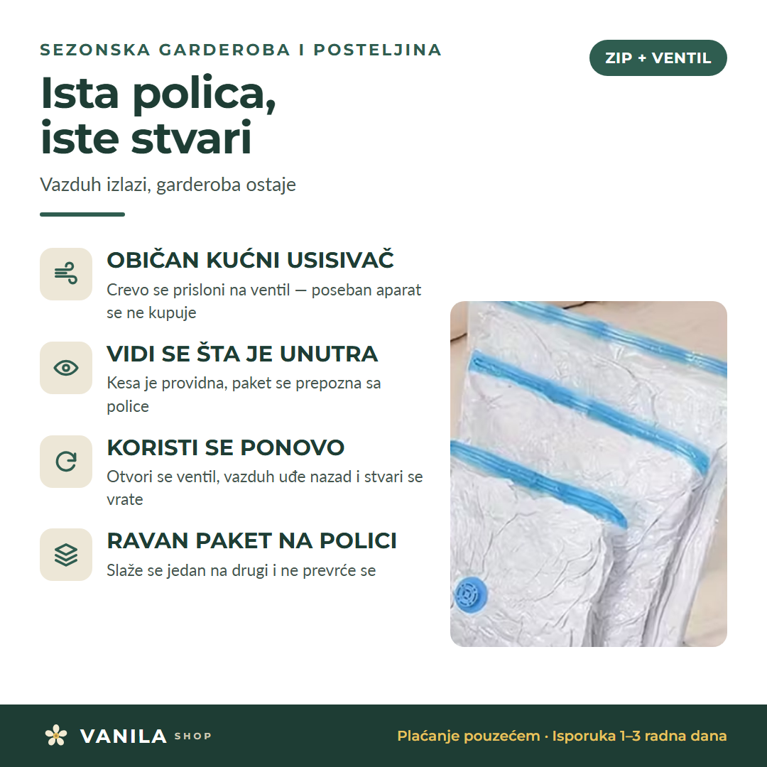 Vakum kese za garderobu — običan usisivač izvlači vazduh