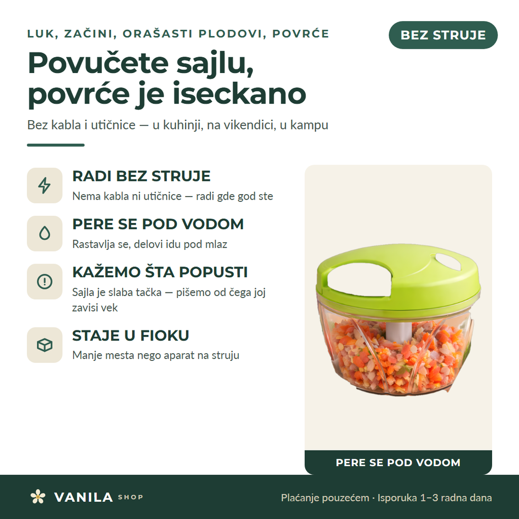 Ručna seckalica na povlačenje — radi bez struje