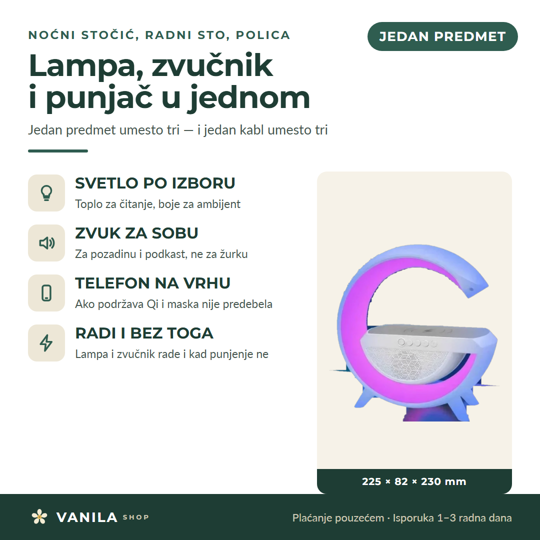 Lampa sa zvučnikom i bežičnim punjačem