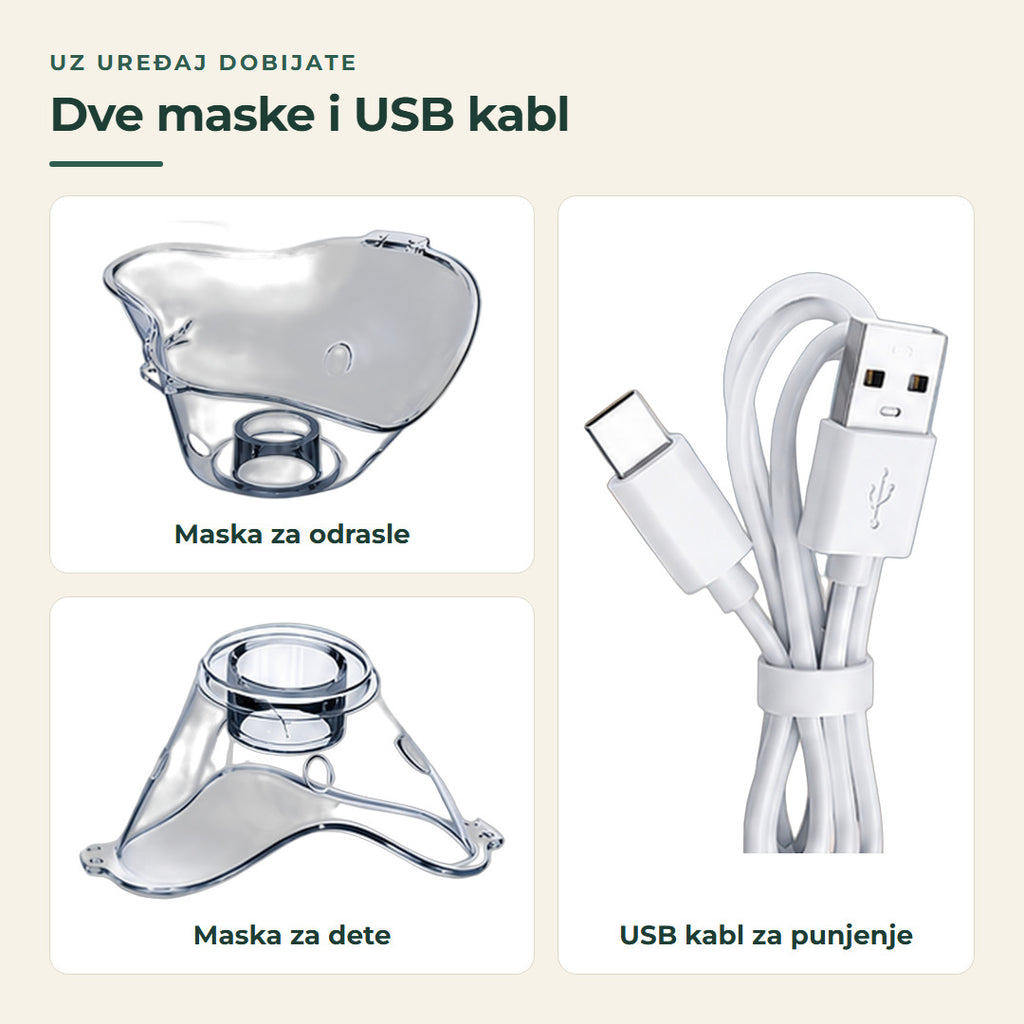 Uz uređaj dobijate masku za odrasle, masku za dete i USB kabl za punjenje