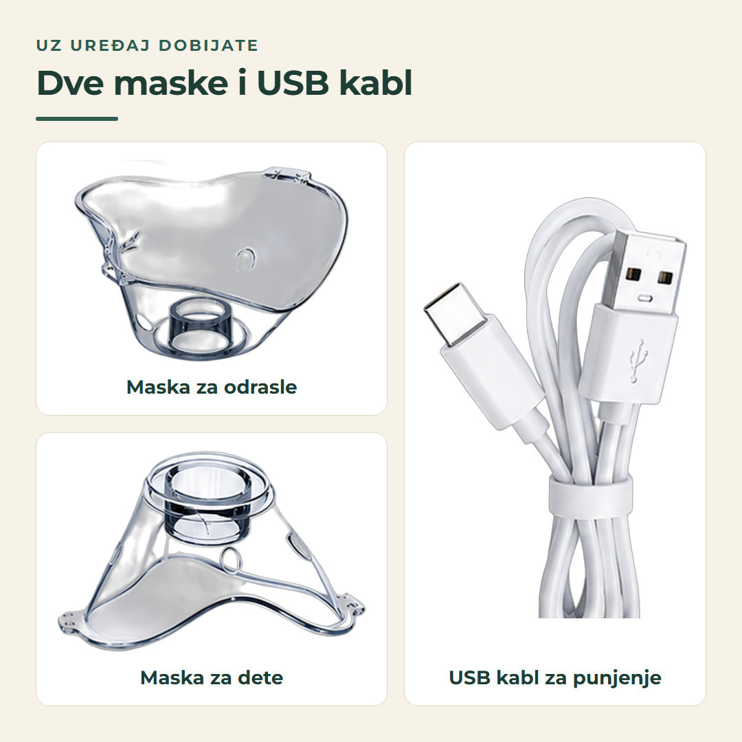 Uz uređaj dobijate masku za odrasle, masku za dete i USB kabl za punjenje