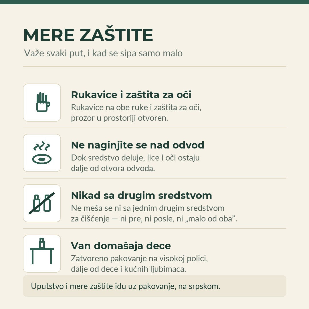 Mere zaštite: rukavice, provetravanje, van domašaja dece, bez mešanja sa drugim sredstvima