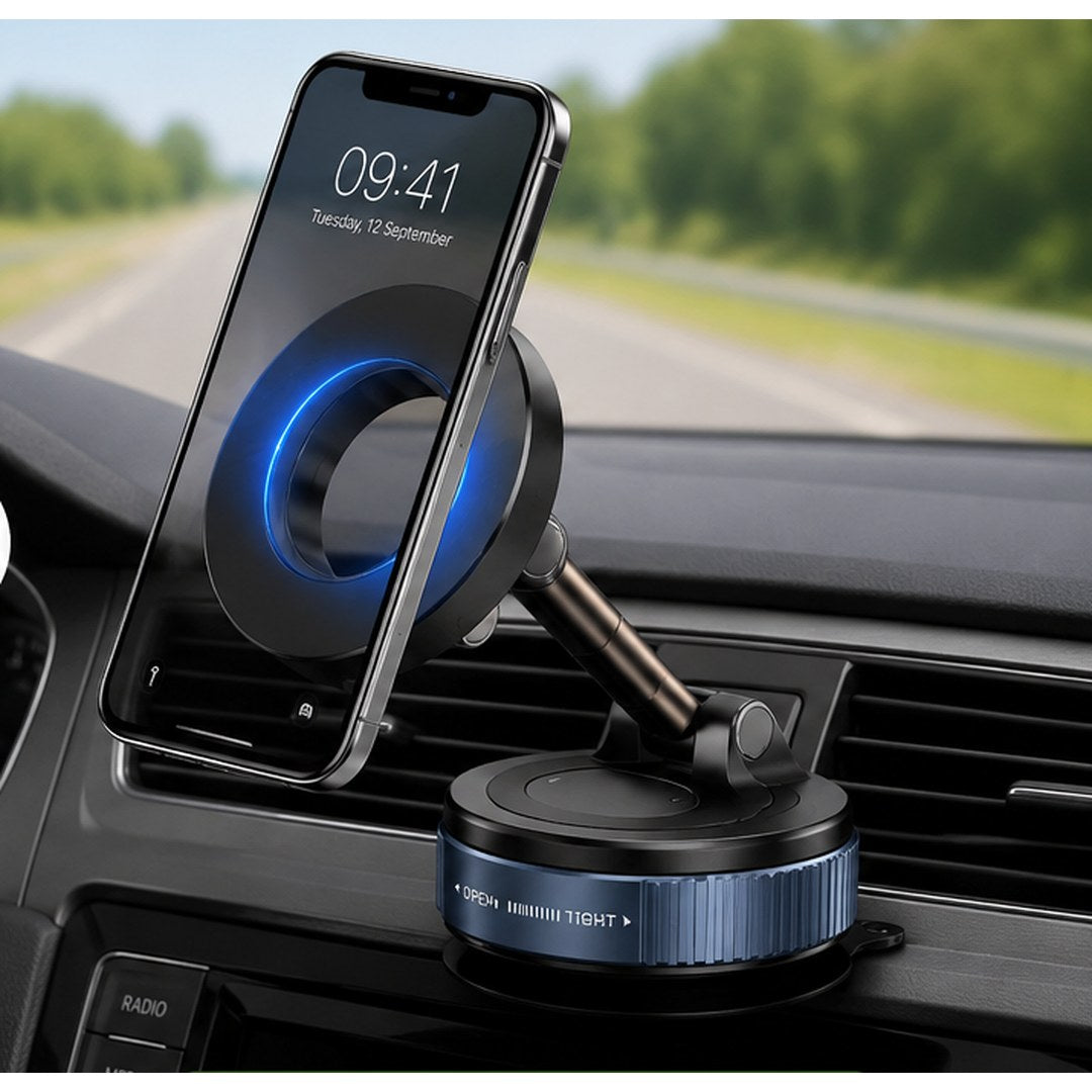 Magnetni vakumski držač pričvršćen na tablu automobila, telefon na visini pogleda